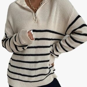 Striped Cream and Black Women's Cable Knit Sweater